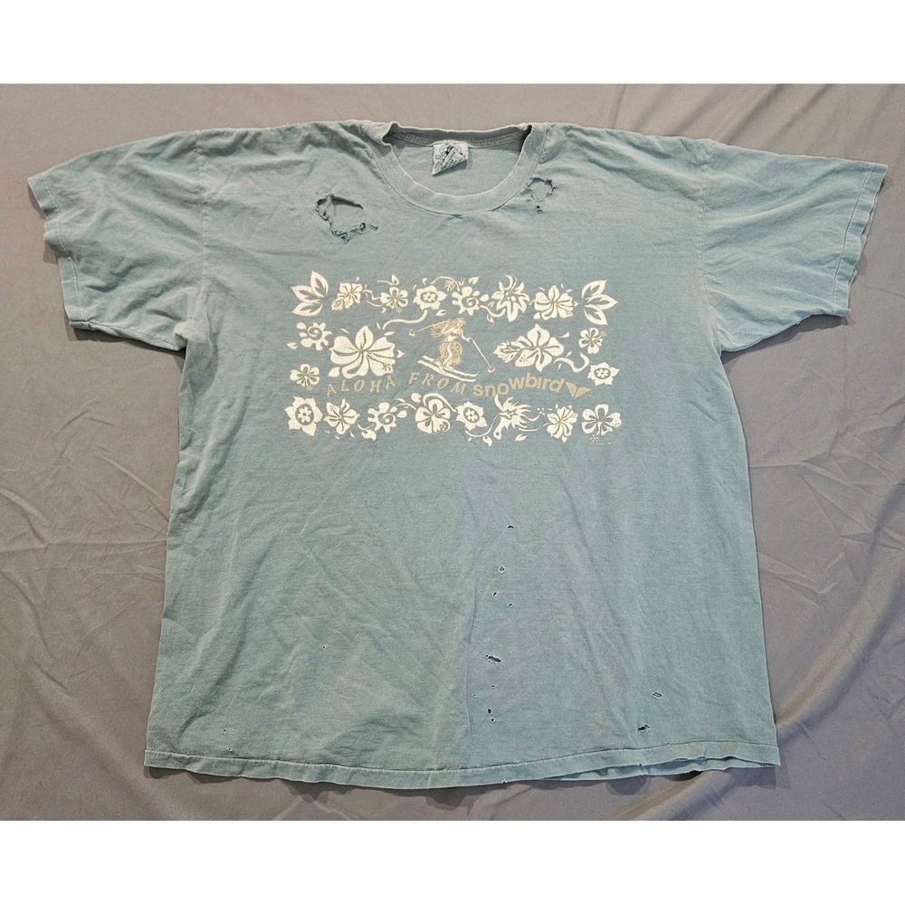Vintage Anvil T-Shirt Mens XL Blue Aloha From Snowbird Skiing Distressed Graphic